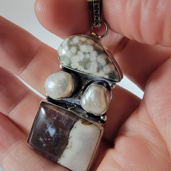 Handmade Silver Pendant With Fossil Coral, Pearl & Rare Petrified Wood Gemstones - Picture 8 of 10